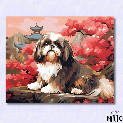 Serene Shih Tzu Dog in Japanese Garden Paint by Numbers Kit