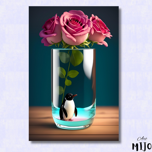 Whimsical Penguin and Roses Vase Paint by Numbers Kit